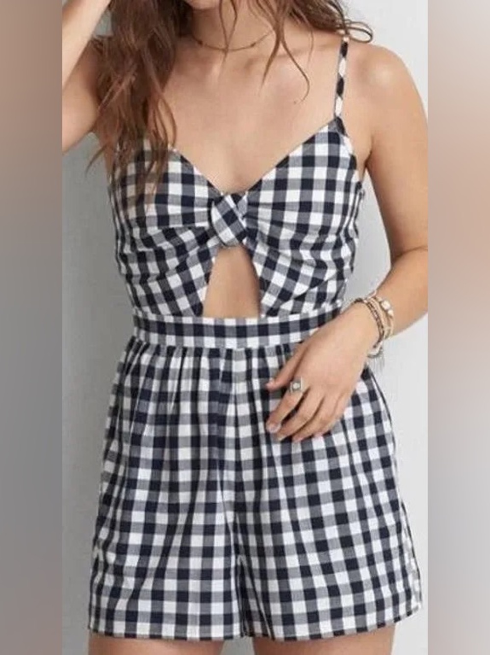 American Eagle Navy and White Gingham Romper
